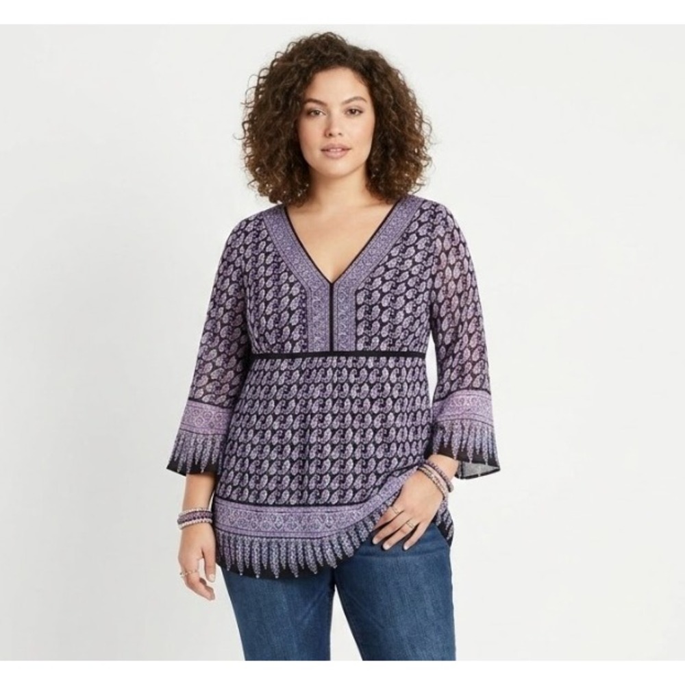 INC International Concepts Top Medium Paisley Mesh Bell Sleeve Boho Y2K Fairy